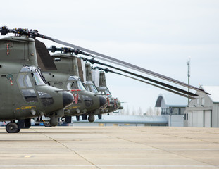 Boeing CH47 Chinook. Four heavy lift helicopters on parade.