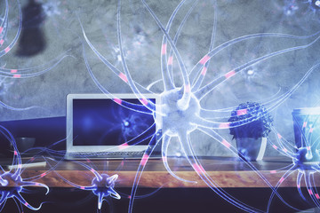 Desktop computer background and neuron drawing. Double exposure. Education concept.
