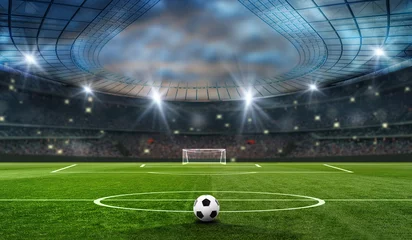 Foto op Plexiglas bal op het groene veld in voetbalstadion. klaar voor de wedstrijd op het middenveld © Igor Link