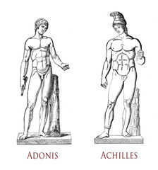 Greek male beauty: musculature and grace of the male form as in the classical statues of Adonis mortal lover of the goddess Aphrodite and Achilles hero of the Trojan War - obrazy, fototapety, plakaty