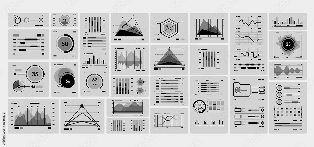 Aufkleber Network management data dashboard with black and white elements. Technology graphics and diagram with options and workflow charts. Web Application Data Infographic UI UX.