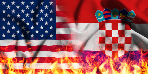 National flag of the United States with Croatia on a waving cotton with a fire texture 