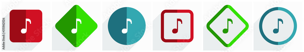 Poster Music icon set, flat design vector illustration in 6 options for webdesign and mobile applications in eps 10