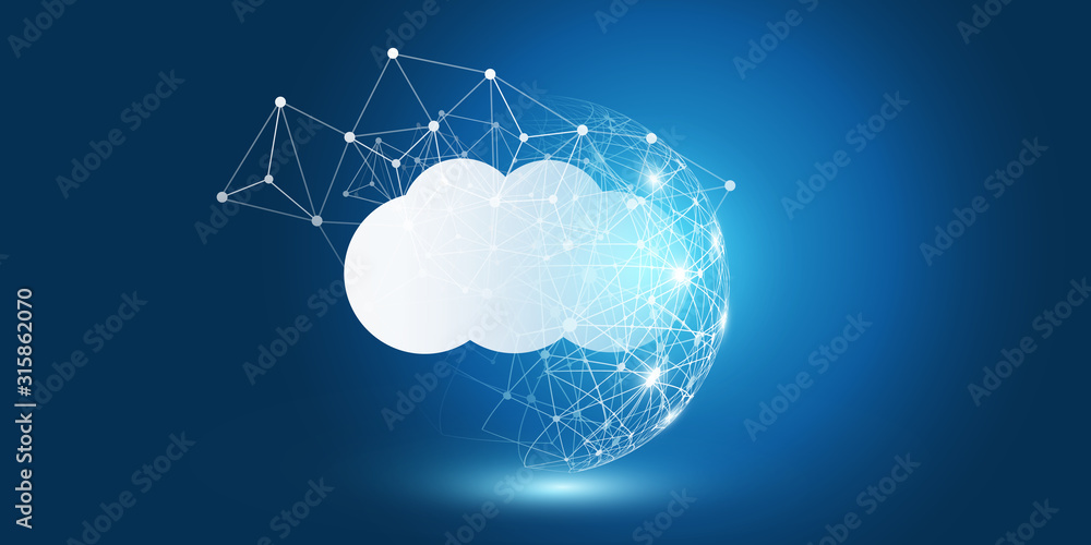 Poster cloud computing design concept - digital connections, technology background with wire frame sphere a