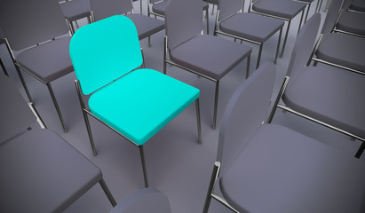 Fototapeta premium Concept or conceptual blue armchair standing out in a conference room as a metaphor for leadership, vision and strategy. A 3d illustration of individuality, creativity and achievement