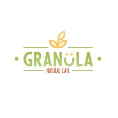 Granola natural cafe logotype. Bold green granola caption and orange wording signboard with smile and oat spike.