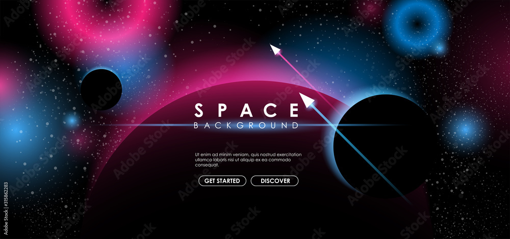 Poster creative space background with abstract shape and planets. colorful space poster with text template.