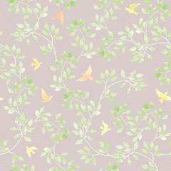 Light birds with leaves, flowers. Ditsy pastel repeated pattern. Watercolor