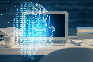 Double exposure of table with computer and brain hologram. Data innovation concept.