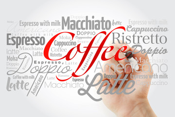 List of coffee drinks word cloud with marker, design background