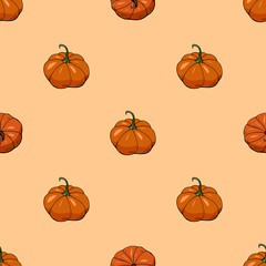 Seamless pattern with hand drawn pumpkins. Endless texture with autumn vegetables for your design