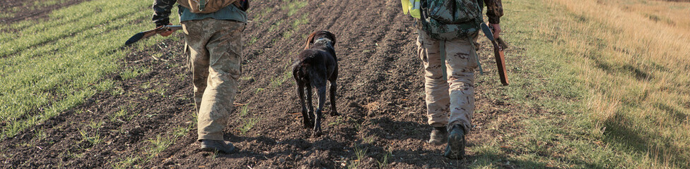 A mans with a gun in his hands and an camouflage vest on a pheasant hunt in a wooded area in cloudy weather. Hunters in search of game.