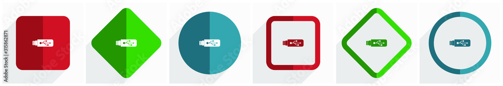 Fototapete usb icon set, flat design vector illustration in 6 options for webdesign and mobile applications in 