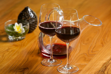 Wine decanter, wineglasses and red wine. Decanting wine ensures that the sediment stays in the bottle and you get a nice clear wine and second and more everyday reason to decant is to aerate the wine.