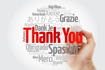 Thank You Word Cloud in all languages with marker, concept background
