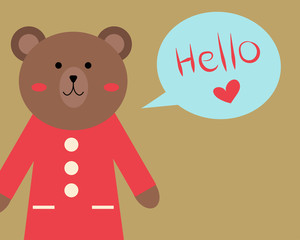 Kawaii bear is looking to you with happy smile and hello speech for your design