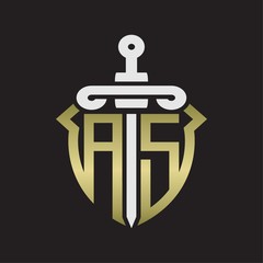 AS Logo monogram with sword and shield combination isolated with gold colors