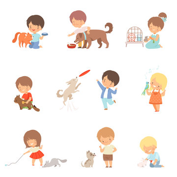 Little Children Taking Care of Domestic Animals and Playing with Them Vector Set