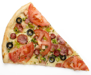 triangular piece of pizza on a white background