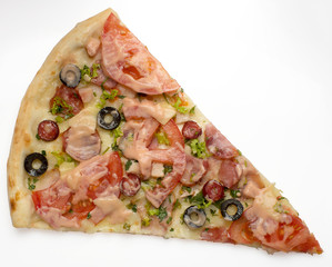 triangular piece of pizza on a white background