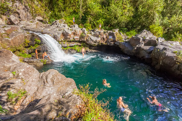 waterfall in forest, Langevin river,  Réunion Island 