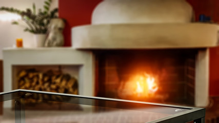 desk of free space and fireplace in home interior. 