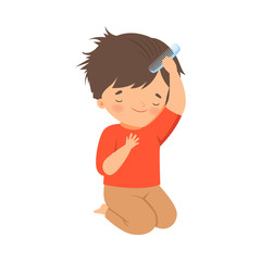 Little Boy Brushing His Wet Hair with Comb Vector Illustration