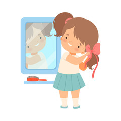 Little Girl Standing in Front of the Mirror Braiding Her Hair Vector Illustration