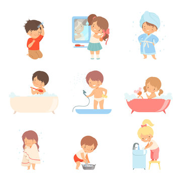 Children Taking Bath and Washing Themselves Vector Illustrations Set. Little Girl Washing Up Her Face and Boy Brushing His Hair
