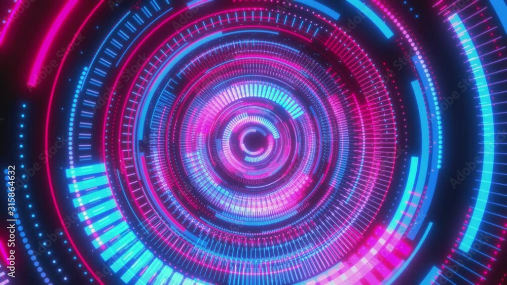 Poster looped animation. abstract background. moving through hyperspace with bright circles in red and blue
