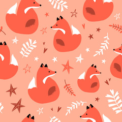 Seamless Fox Pattern, Cute Cartoon Vector Illustration. Wild Animal. Can be used for textile, poster, wallpaper, birthday card.