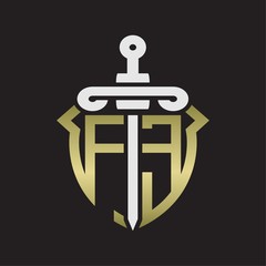 FE Logo monogram with sword and shield combination isolated with gold colors