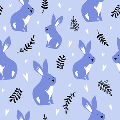Seamless Rabbit Pattern, Cute Cartoon Vector Illustration. Domestic Animal. Can be used for textile, poster, wallpaper, birthday card.