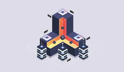 Data analysis processing big data computing, information flow,digital science lab. Tech visualization concept. 3d isometric vector illustration.