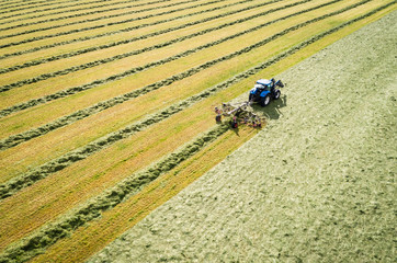 Luftaufnahme - Mit einem Großraumschwader wird das Gras gelüftet