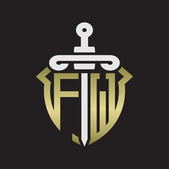 FW Logo monogram with sword and shield combination isolated with gold colors