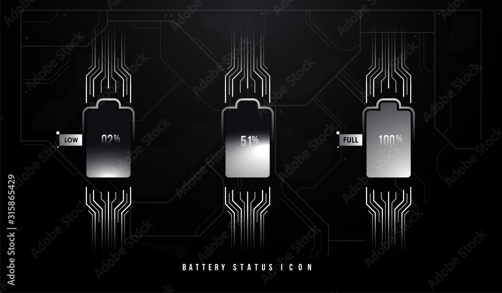Poster vector battery symbol set different level of charge for ui. accumulator indicator with futuristic hu