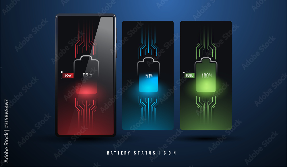 Poster battery charge level indicators for smartphon ui. discharged and fully charged battery smartphone. i