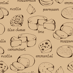 Cheese collection seamless vector pattern, isolated on beige background, blue cheese, emmental, camembert, mozzarella, ricotta, parmesan with hand drawn text