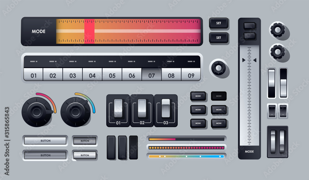 Poster user interface elements. set of realistic web buttons. modern ui elements set including switches and