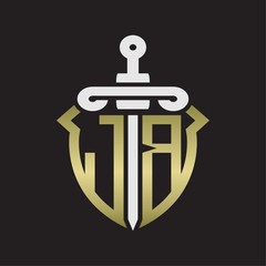 JB Logo monogram with sword and shield combination isolated with gold colors