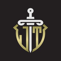 JT Logo monogram with sword and shield combination isolated with gold colors