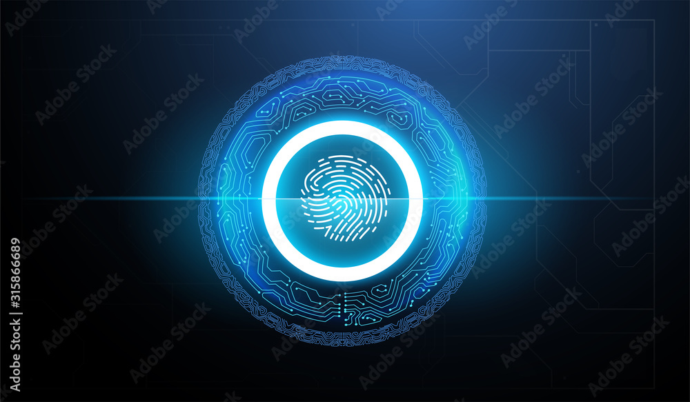 Poster finger scan in futuristic style. security and access to information through biometrics identificatio