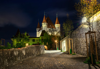 Nightscape of Thun Castle in the city of Thun, Bernese Oberland, Switzerland