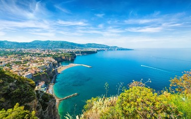 Aerial wide angle view of cliff coastline Sorrento and Gulf of Naples, Italy.