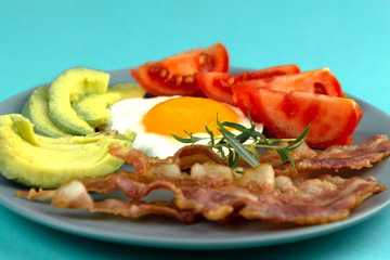 Healthy keto breakfast with fried egg and bacon, avocado and tomatoes. Ketogenic diet nutrition.