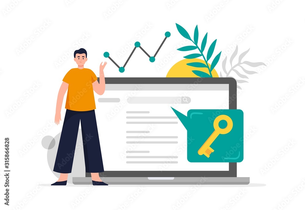 Fototapete Search engine optimization concept. Man do keywords research to improve website page rank. Flat Vector illustration good for banners, ads, landing pages or other web promotion issue.