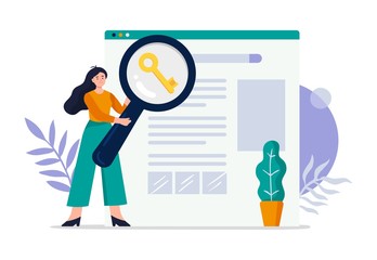 Cute search engine optimization concept. Girl do keywords research to improve website page rank. Flat Vector illustration good for banners, ads, landing pages or other web promotion issue.
