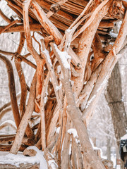 Parts of a wooden hut, bending branches, handmade, winter children's entertainment, fairytale town, wooden craftsman
