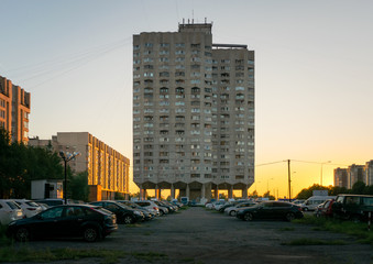 Saint-Petersburg, Russia - July 30, 2018: Residential house on Novosmolenskaya, Soviet modernism brutalism